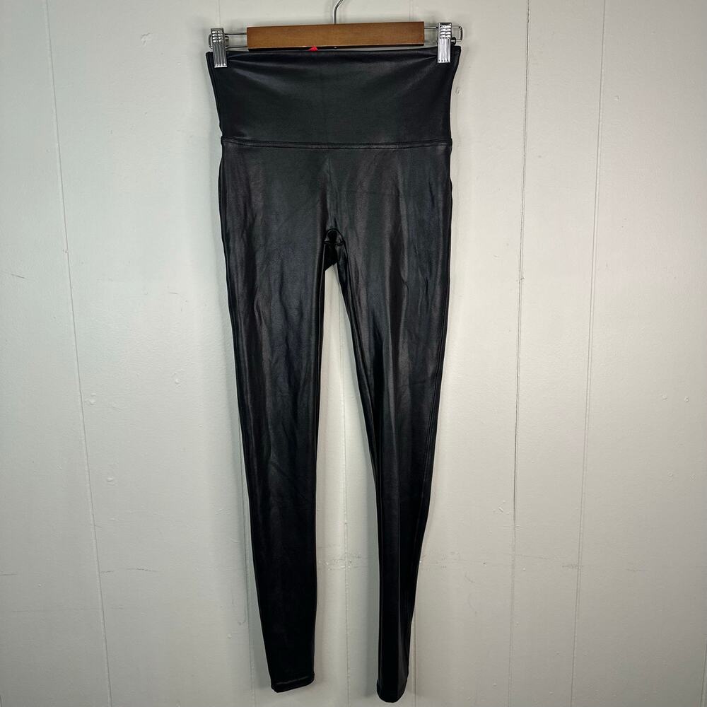SPANX Womens M Black Faux Leather Leggings High Waist Pull On Stretch Shaping